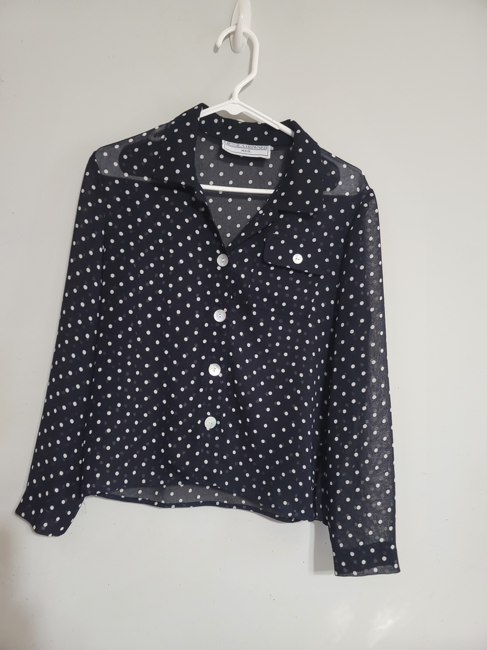 Jessica Howard Black White Polka Dot Top Button-Down Blouse Petite Medium Pm Mp